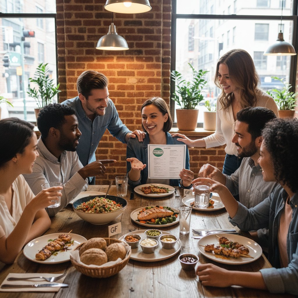Grupa ludzi przy stole, wspierająca się podczas wspólnego posiłku bezglutenowego
