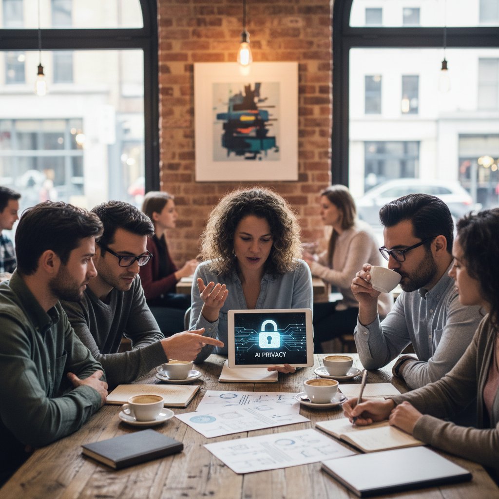 Zdjęcie grupy osób debatujących na temat prywatności i AI w kawiarni