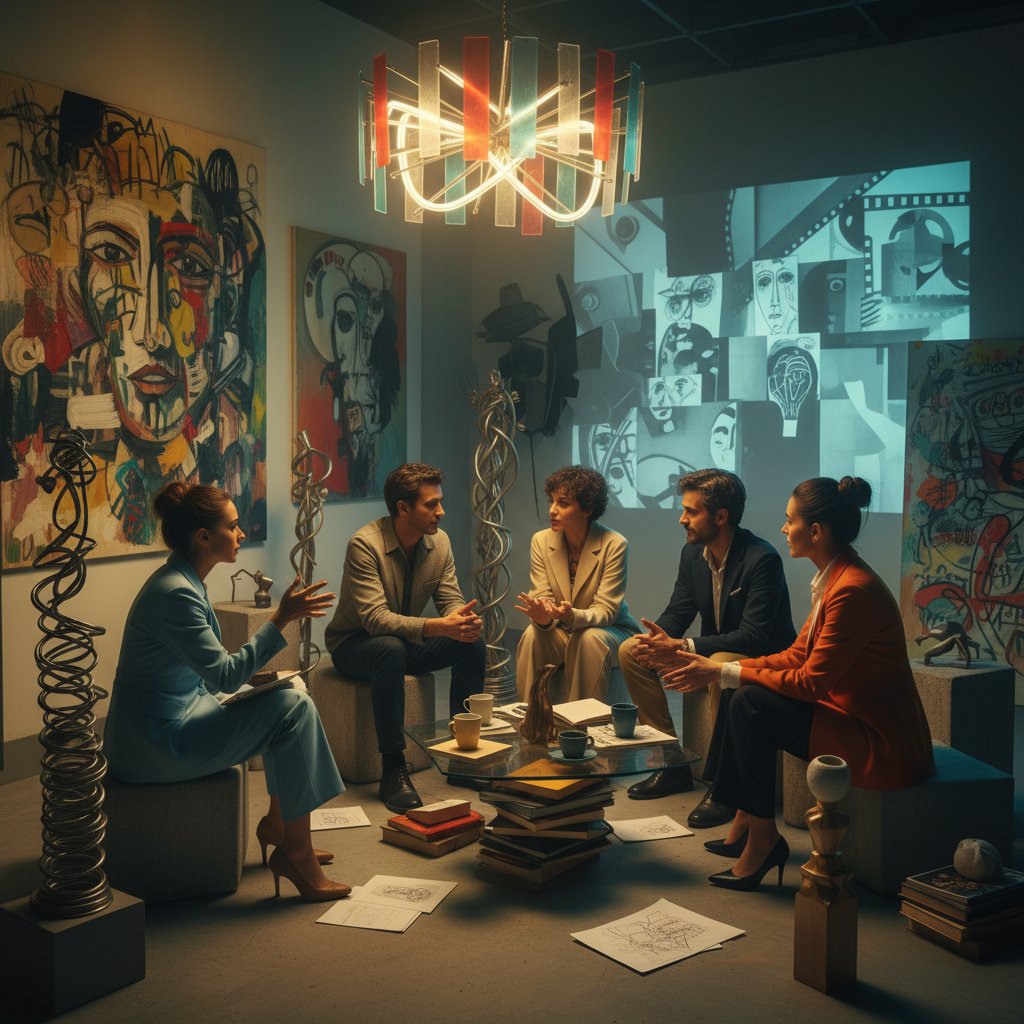 Group discussing an experimental film in a creative home setting, avant-garde decor