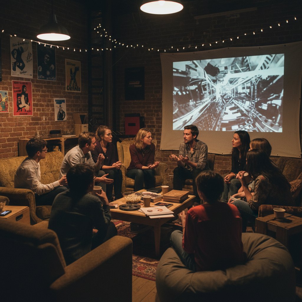 Group of friends discussing experimental cinema after a screening
