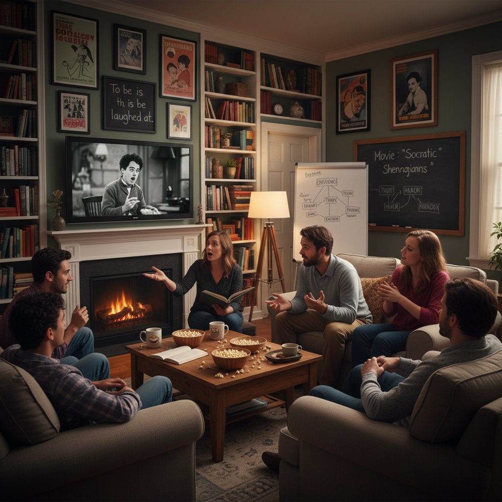 Young people debating a movie scene in a café, philosophical comedy film discussion