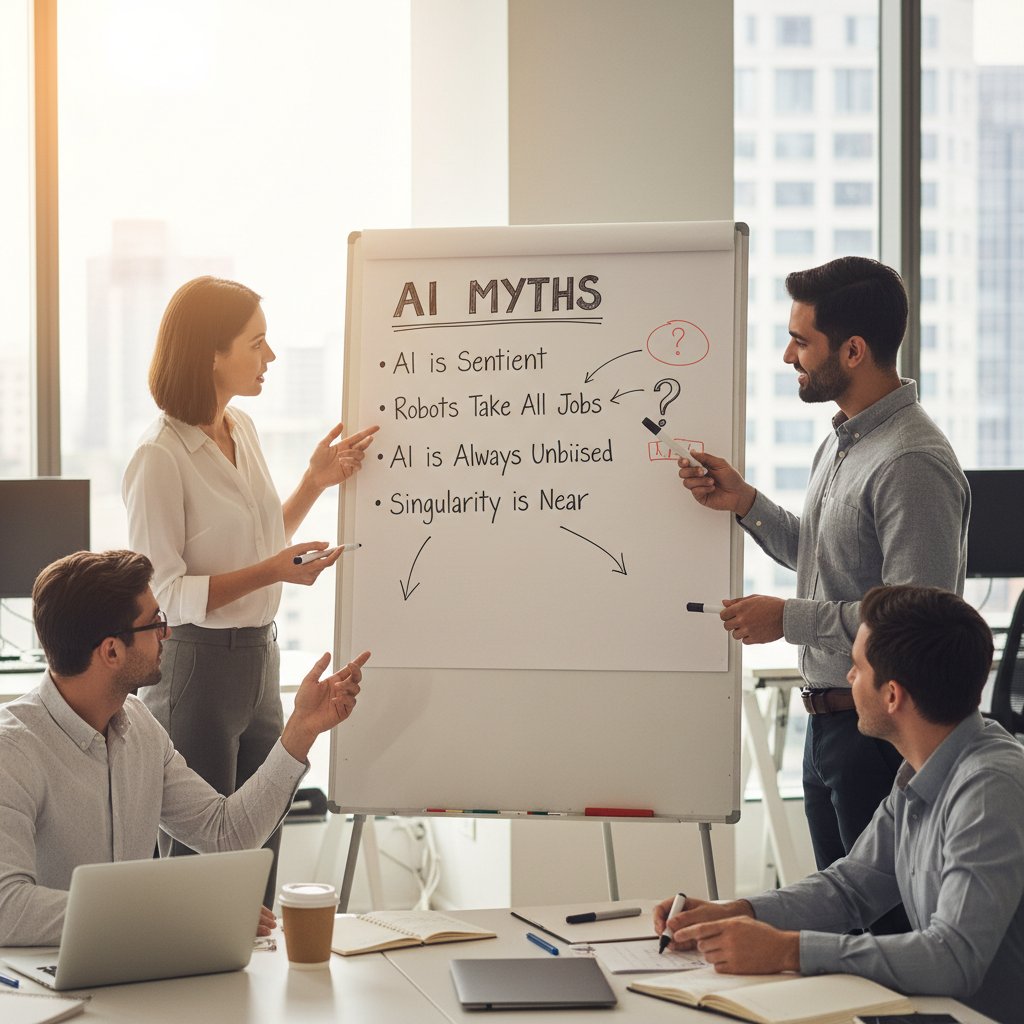 Grupa ludzi debatująca o AI na tle planszy z mitami – popularne nieporozumienia