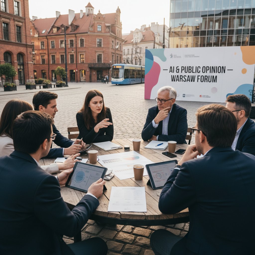 Zdjęcie przedstawiające grupę ludzi dyskutujących o sztucznej inteligencji na tle polskiego miasta, podkreślające społeczne emocje wokół AI