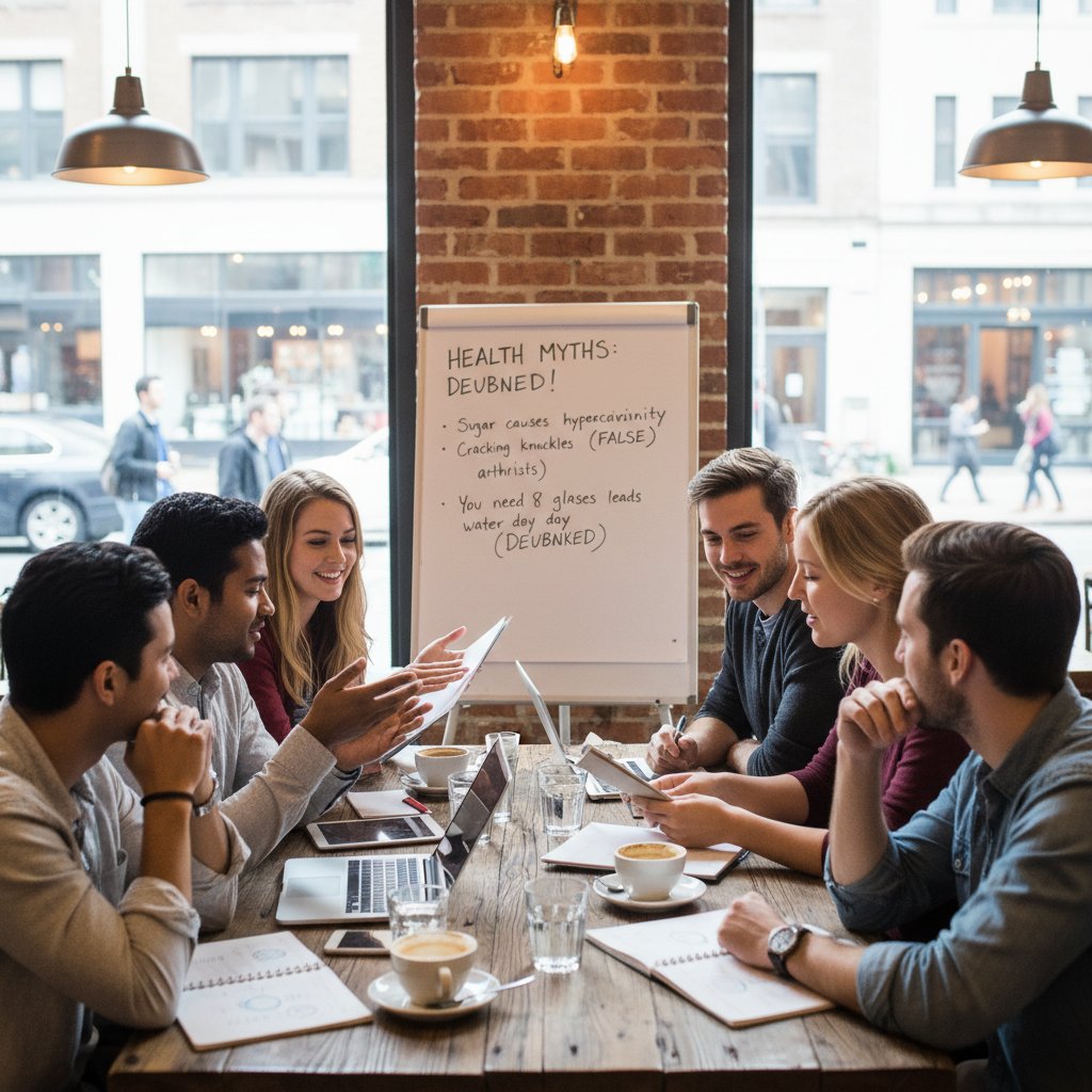 Grupa osób dyskutująca na temat mitów zdrowotnych w kawiarni, intensywna wymiana zdań; klimat edukacyjny, temat: obalanie mitów o chorobach