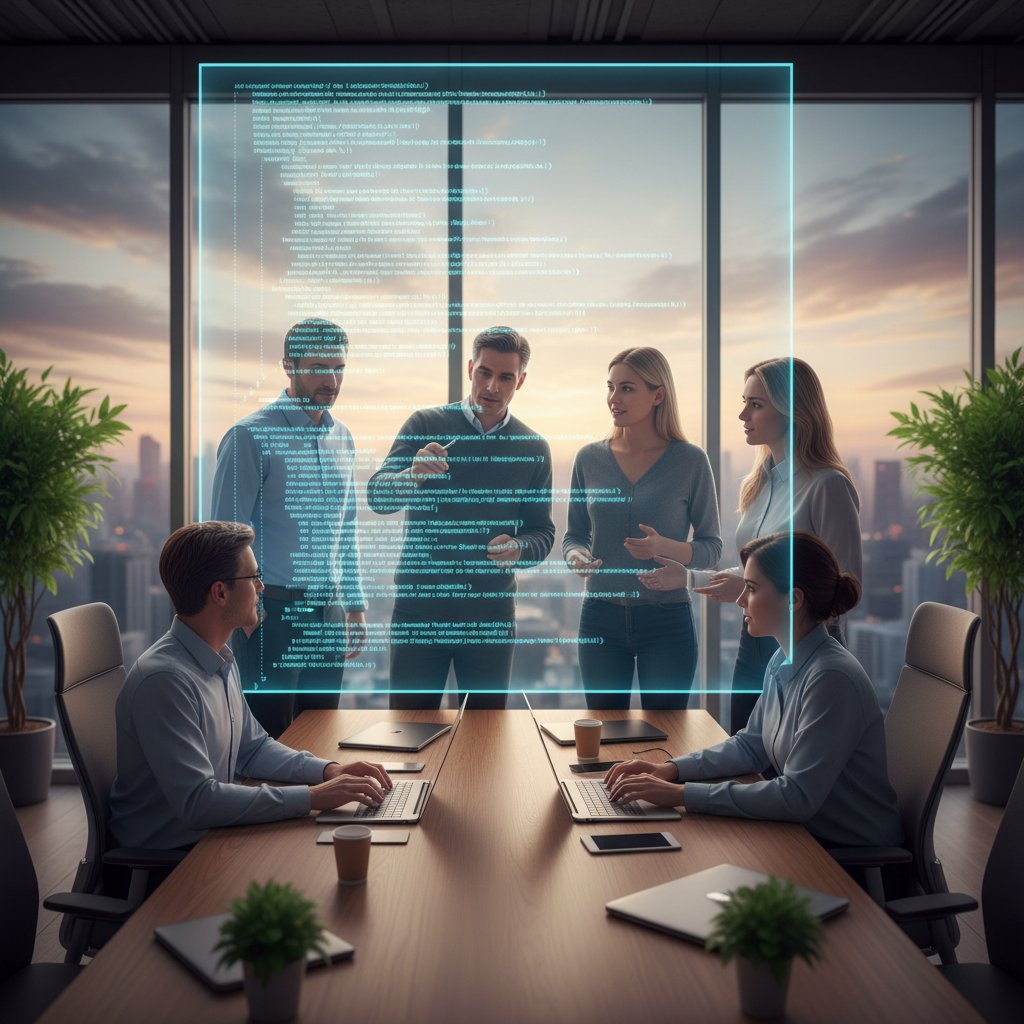 Grupa ludzi debatująca na tle tablicy z kodem komputerowym, połączenie filozofii i AI