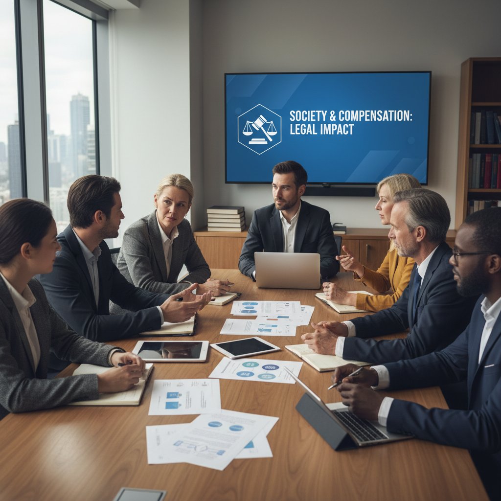 Grupa osób dyskutuje o roli odszkodowań w społeczeństwie, konsekwencje społeczne