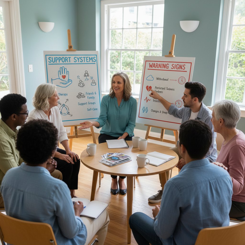 Grupa osób rozmawiających w kręgu, symbol wsparcia i rozpoznawania sygnałów ostrzegawczych