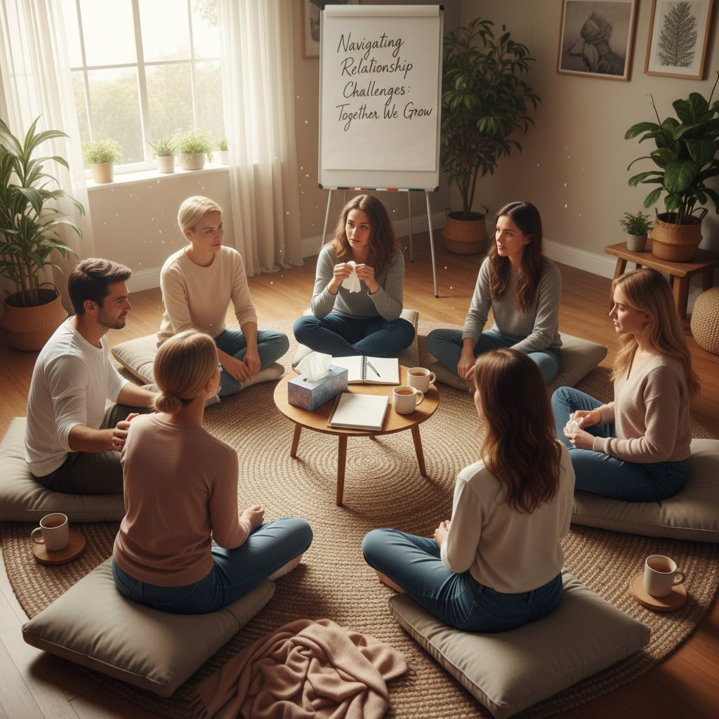 Candid shot of a group discussion or support circle, supportive energy, seeking help for relationship challenges, relationship community support