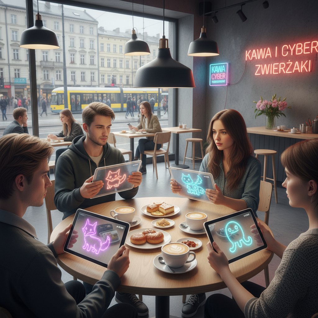 Grupa osób dyskutujących o wirtualnych zwierzętach podczas spotkania w kawiarni