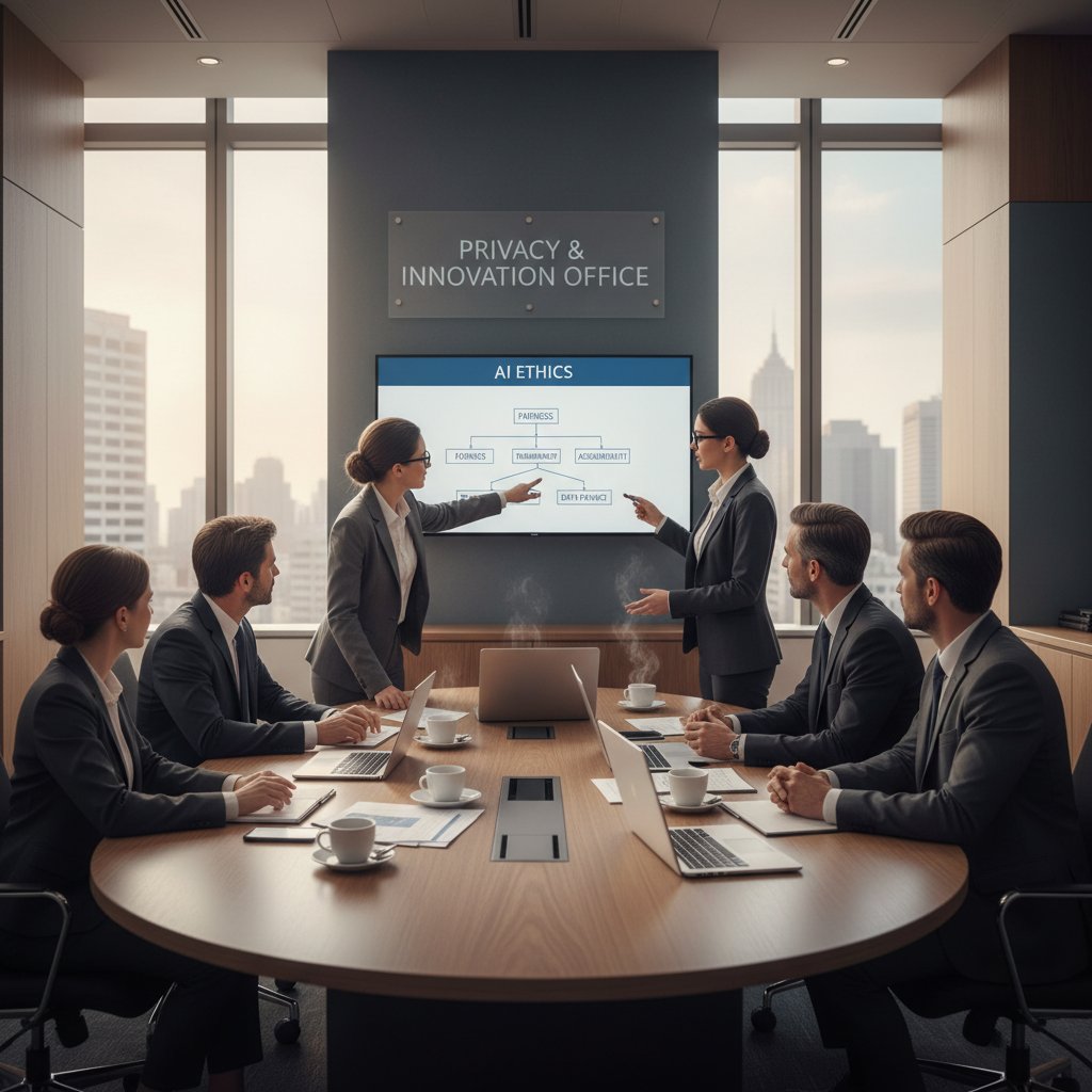 Grupa ludzi dyskutująca o etyce i prywatności AI przy stole w biurze