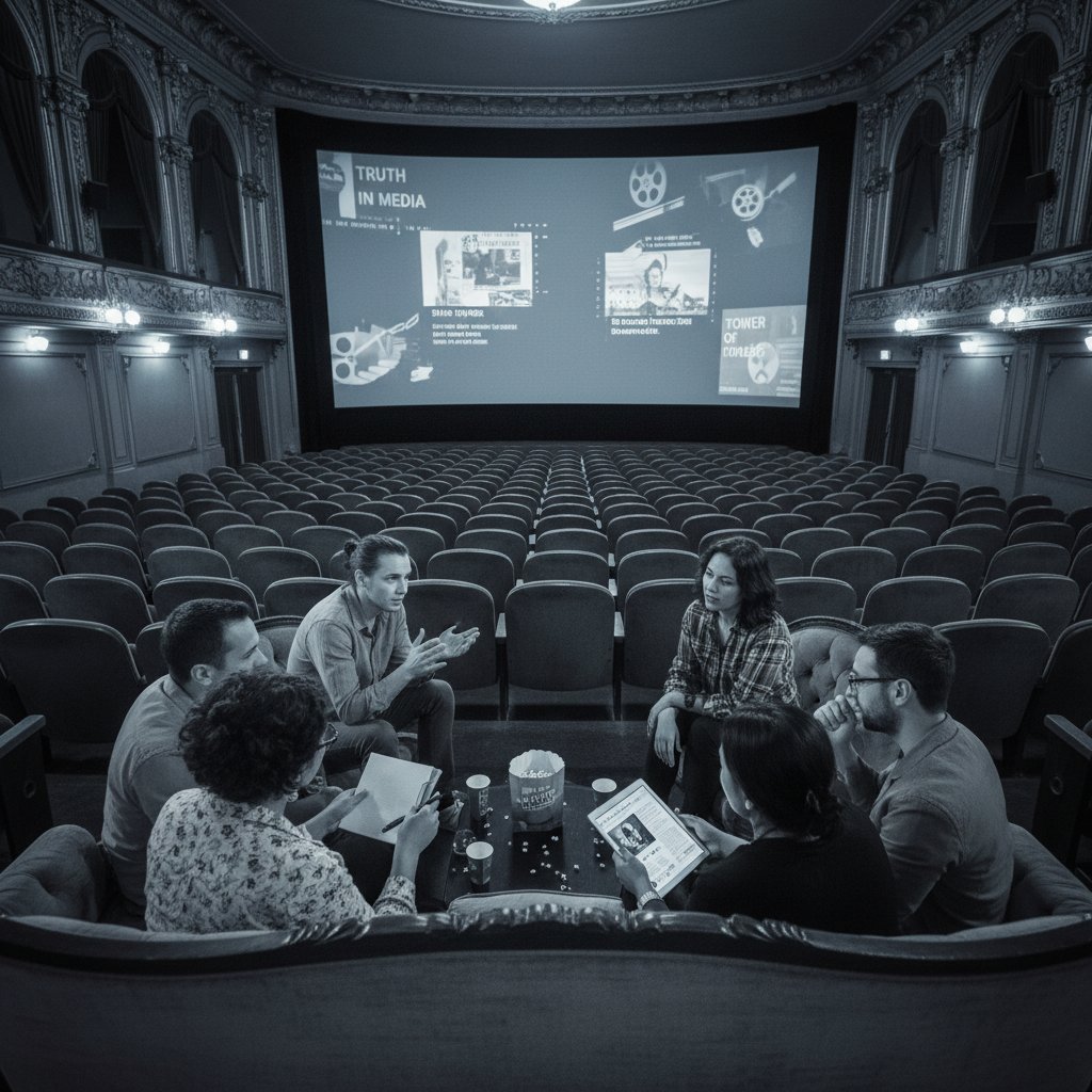 Group discussion in a cinema, journalistic and thought-provoking documentary photo
