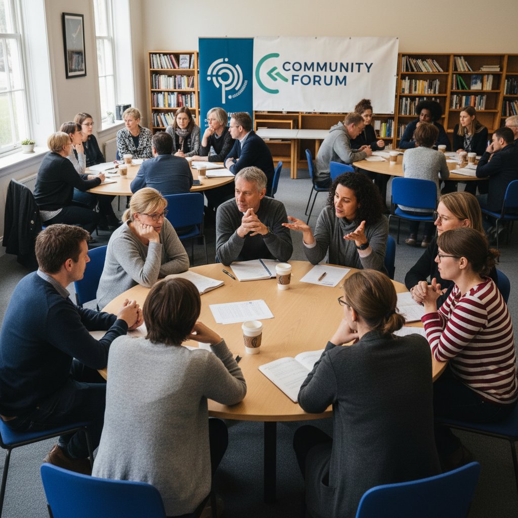 Grupa ludzi debatujących przy stole, symbolizująca wspólnotę na forach, alternatywa dla tradycyjnych for internetowych