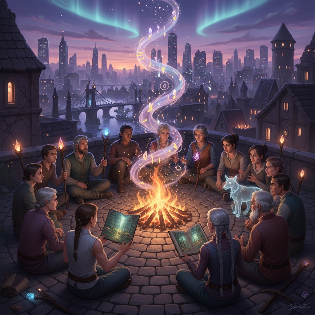 Verschiedene Menschen im Kreis, teilen Erfahrungen mit spirituellen Symbolen, Stadt im Hintergrund