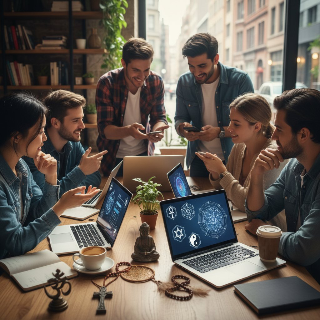 Gruppe junger Erwachsener mit Laptops und Smartphones, diskutierend und lachend, spirituelle Symbole im Hintergrund, Keyword: mediale Lebenshilfe online Community