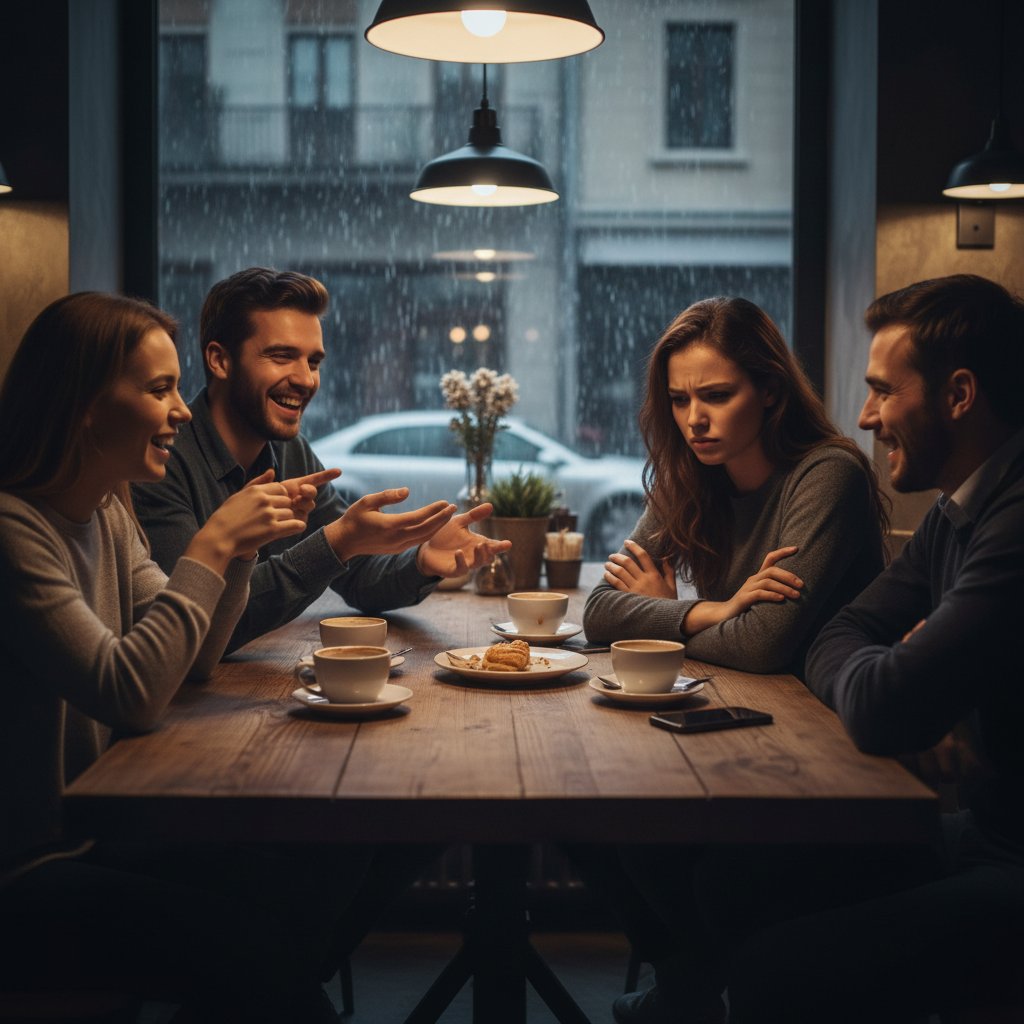 Dynamika grupowa, jedna osoba wyizolowana, widoczny lęk w mowie ciała