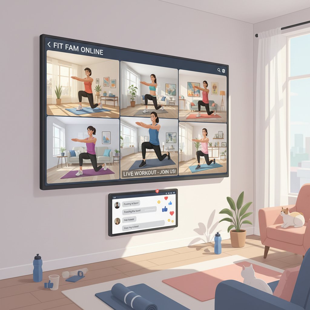 Grupa osób ćwiczących razem w domu, wspólnota wsparcia online