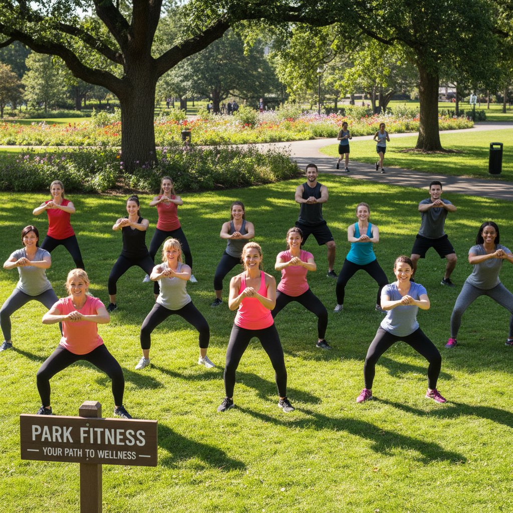 Grupa osób na wspólnym treningu w parku, różne sylwetki, pozytywna atmosfera
