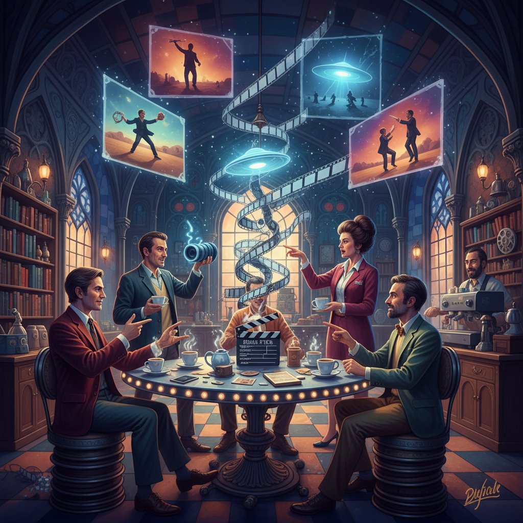 Group of film buffs debating passionately in a surreal café, film fans in a quirky café, heated discussion