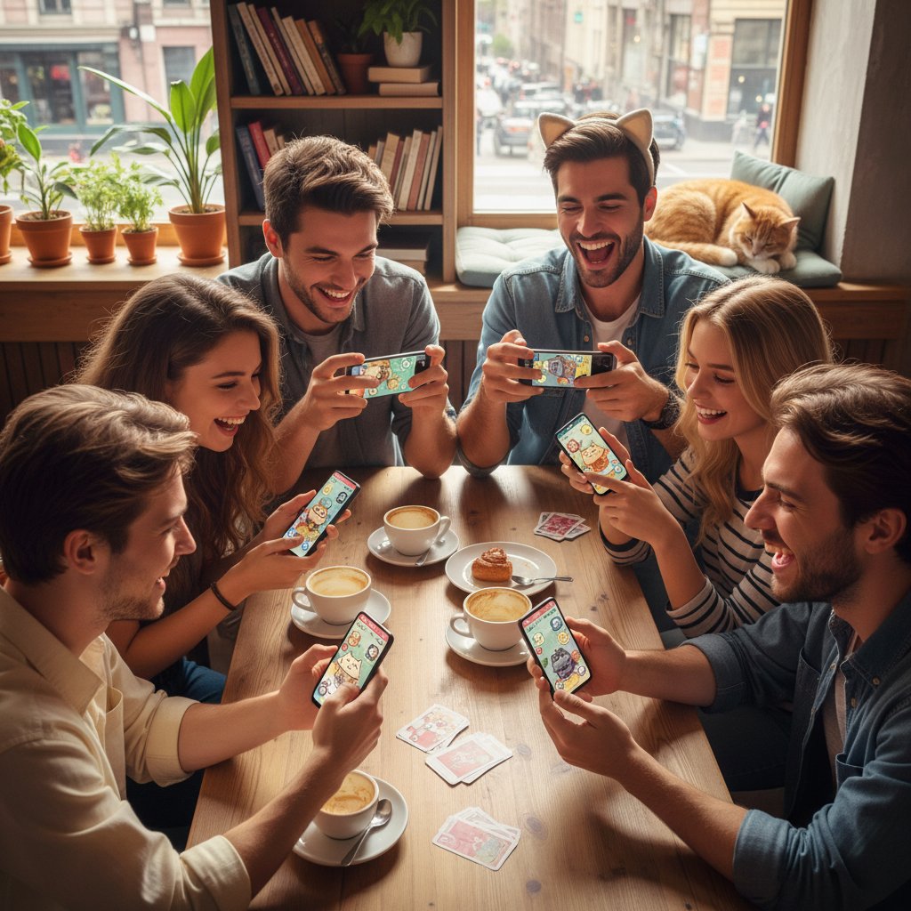 Grupa ludzi w kawiarni, dzieląca się telefonami z grami o kotach, wspólna zabawa, energia