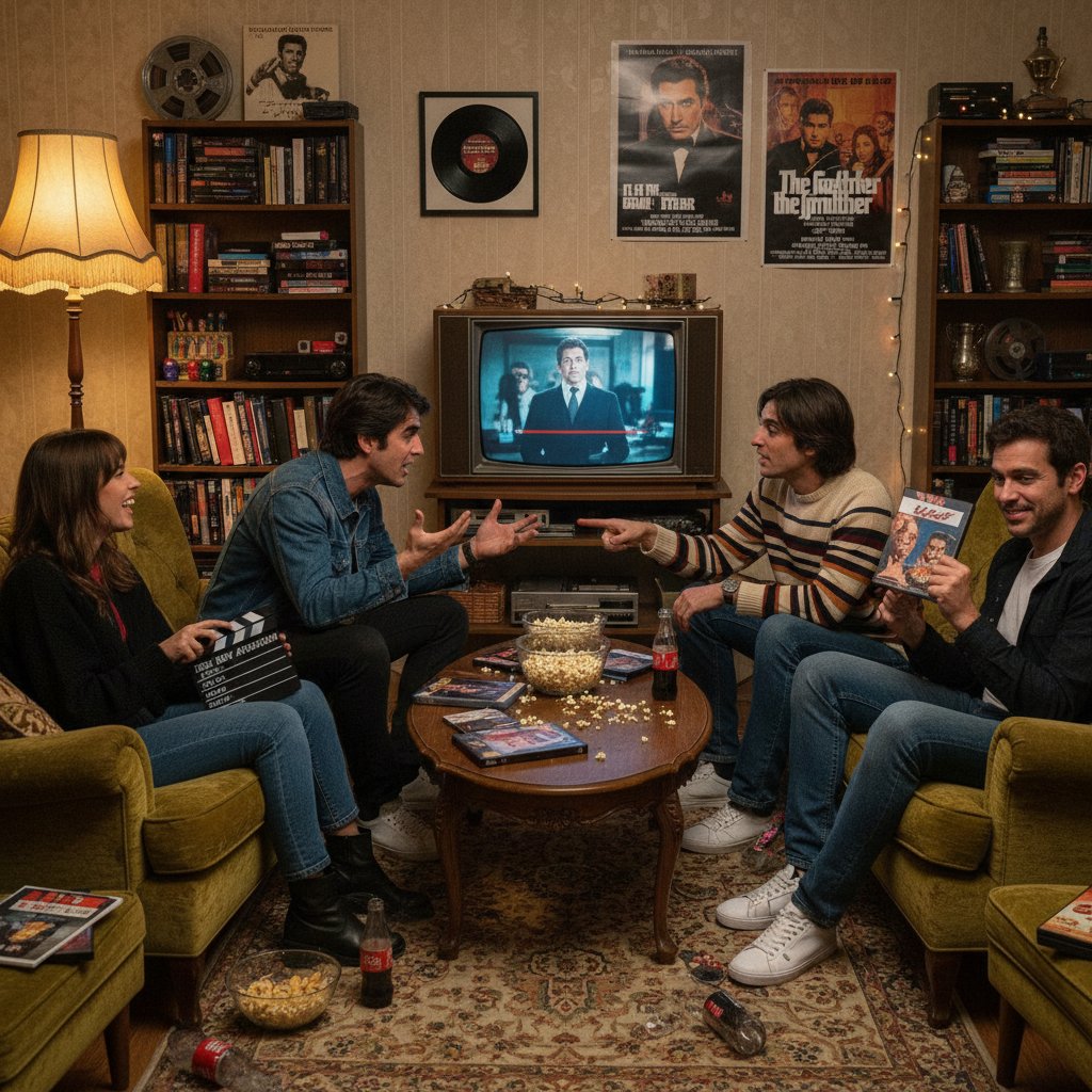 Group of friends passionately debating over Pacino movies for a retro-themed movie night