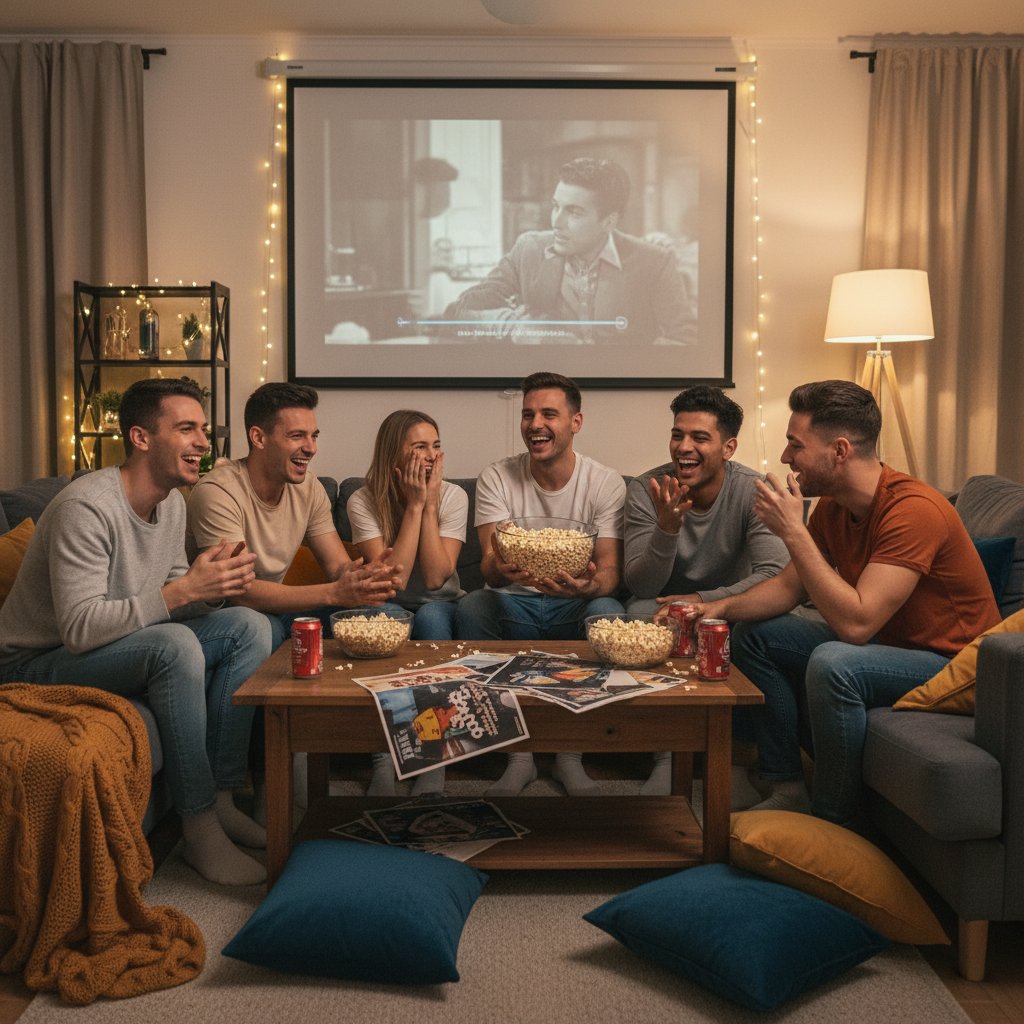 Photo of group of friends laughing and discussing a film at home, popcorn and drinks, cozy atmosphere, symbolizing group movie night energy