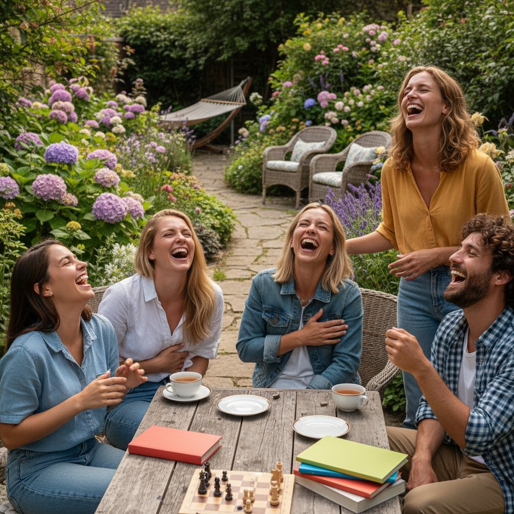 Grupa znajomych śmiejących się w ogrodzie podczas wspólnej zabawy bez telefonów, offline fun