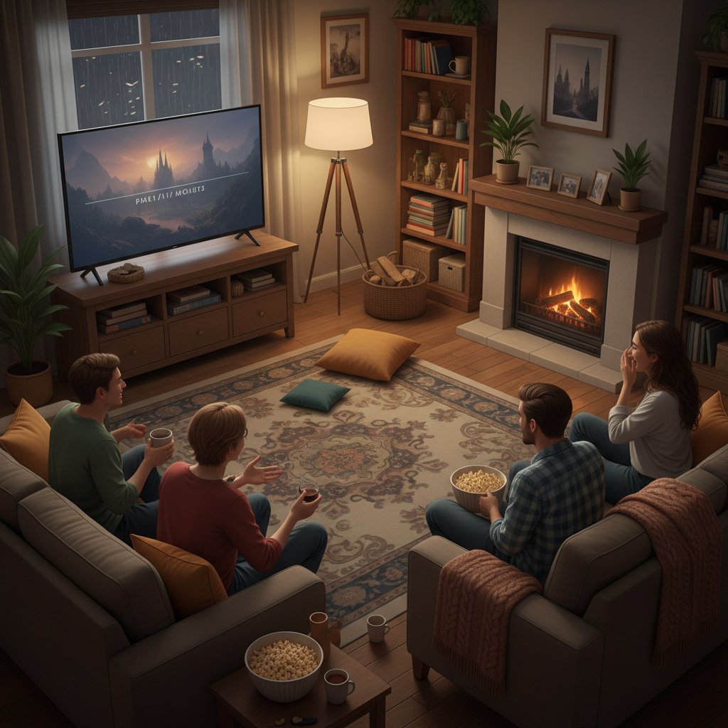 Group of friends discussing insights after a reflection movie in a cozy living room