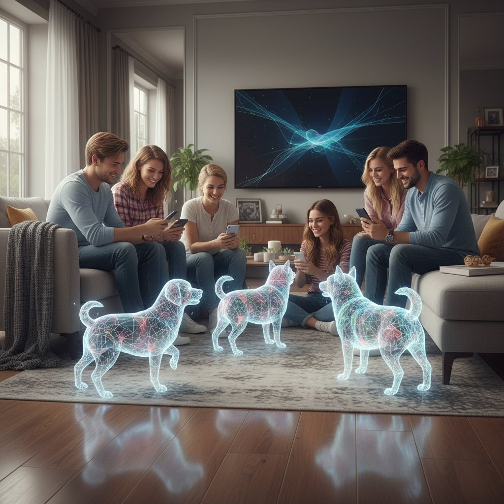 Grupa przyjaciół w salonie, każdy z własnym smartfonem i wirtualnym pieskiem AI, atmosfera wspólnej zabawy