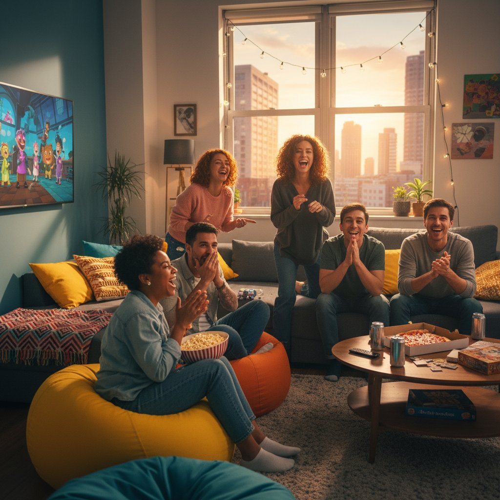 Group of friends reacting to a movie at an urban apartment watch party, slice-of-life, joyful and vibrant