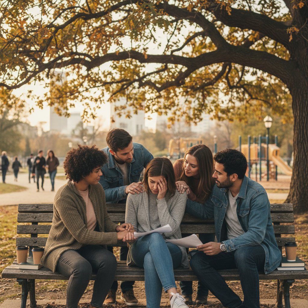 Grupa przyjaciół siedząca razem na ławce w parku – wsparcie społeczne chroniące przed stresem