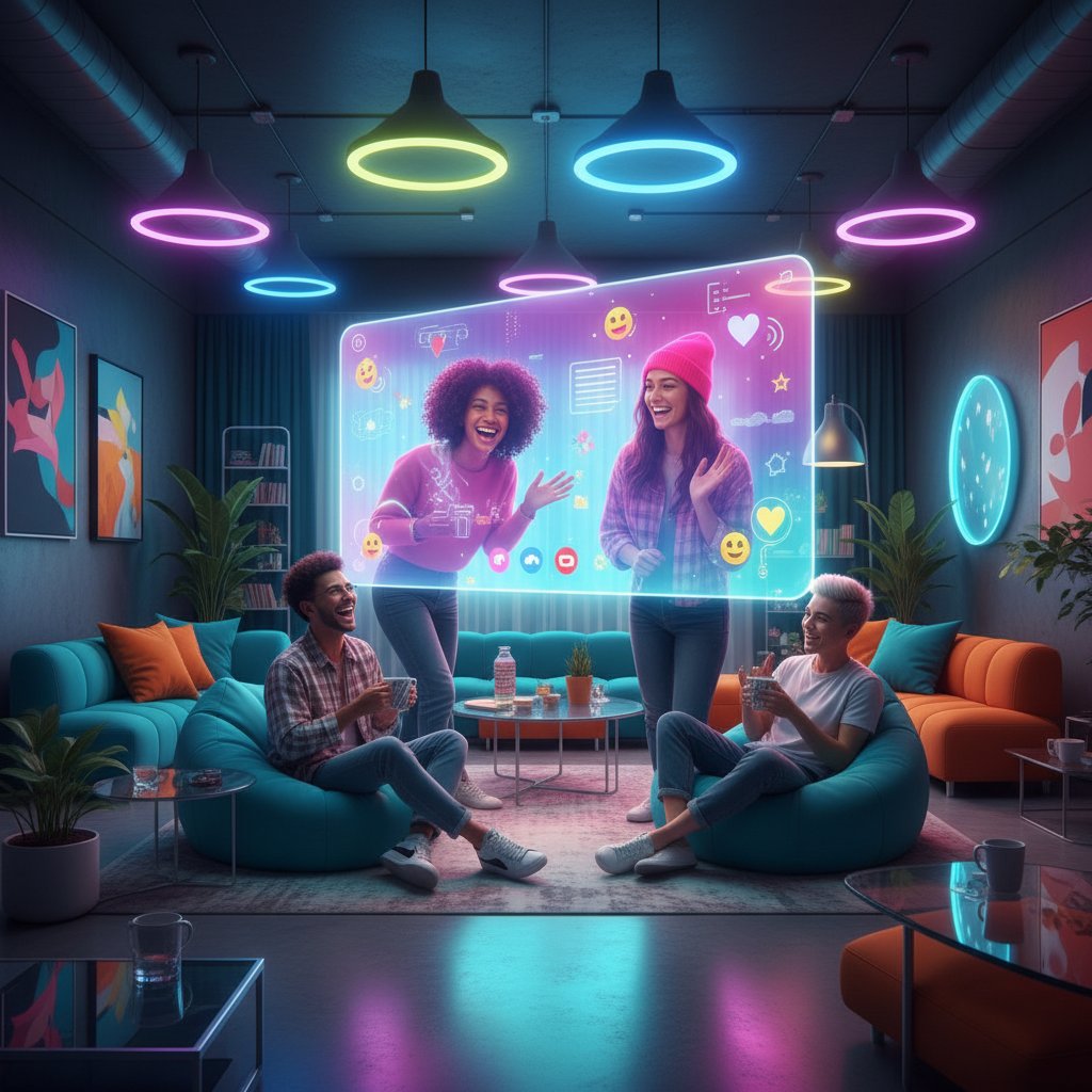 Grupa przyjaciół rozmawiających online, radosna atmosfera, kolorowe światło, nowoczesny pokój