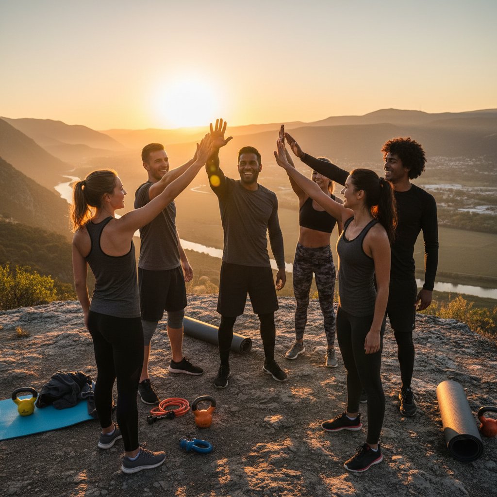 Wspólna radość po treningu o wschodzie słońca, grupa ćwiczących outdoor, motywacja