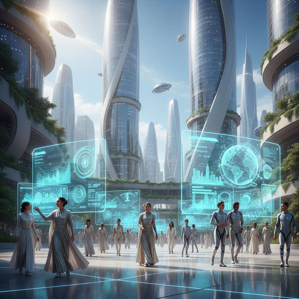 Grupa osób korzystających z holograficznych wyświetlaczy do emocjonalnego wsparcia, przyszłościowa atmosfera