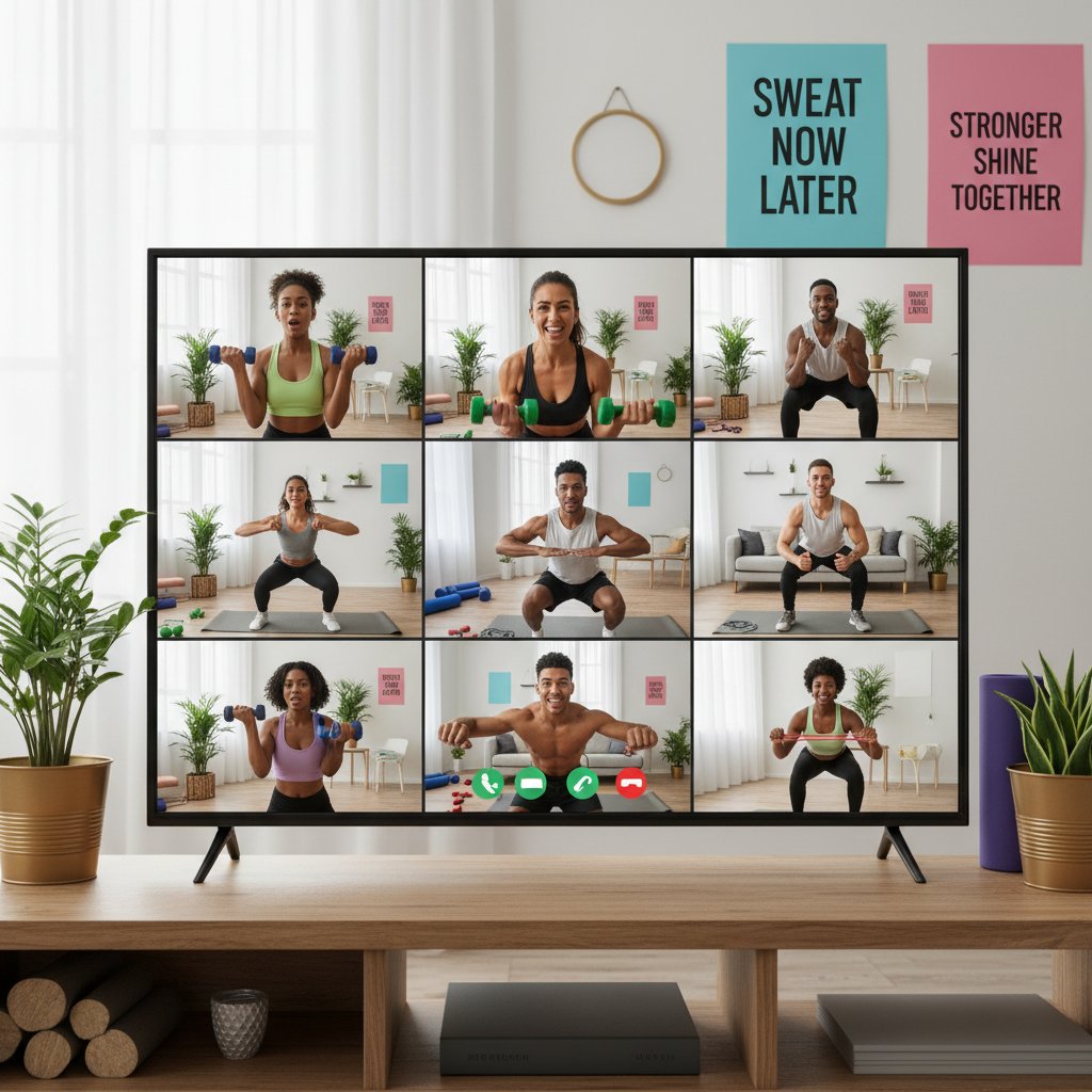 Grupa osób ćwiczących online w domach, połączenie wideo, motywacja i uśmiech