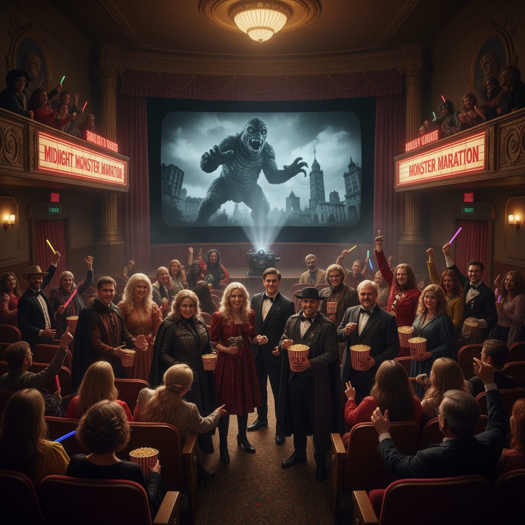 Fans at midnight paranormal comedy movie screening, retro cinema, electric atmosphere