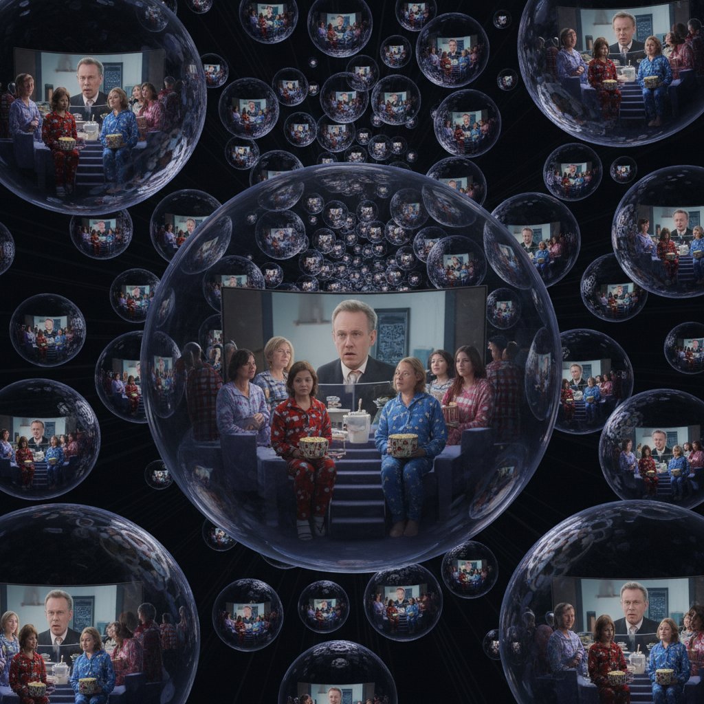 Symbolic photo of a group trapped in a glass bubble, watching similar movies repeatedly, representing the echo chamber risk