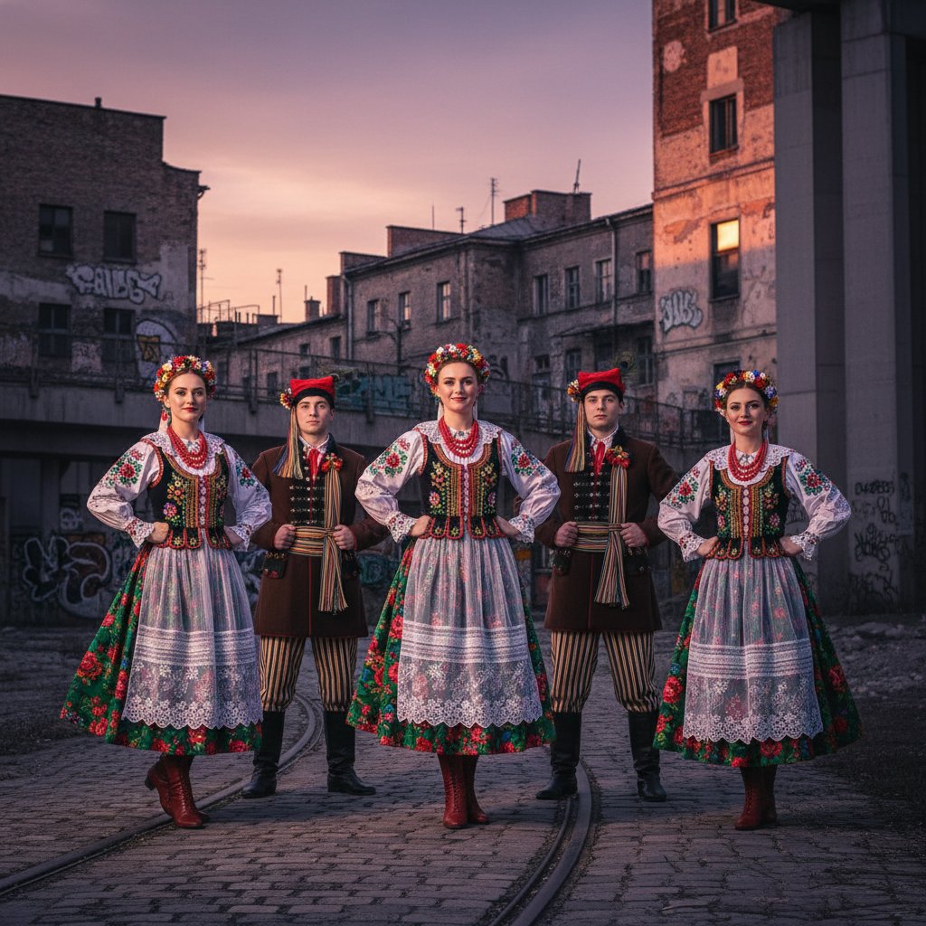 Grupa ludzi w tradycyjnych polskich strojach na tle szarego miasta, kontrast kultury i współczesności