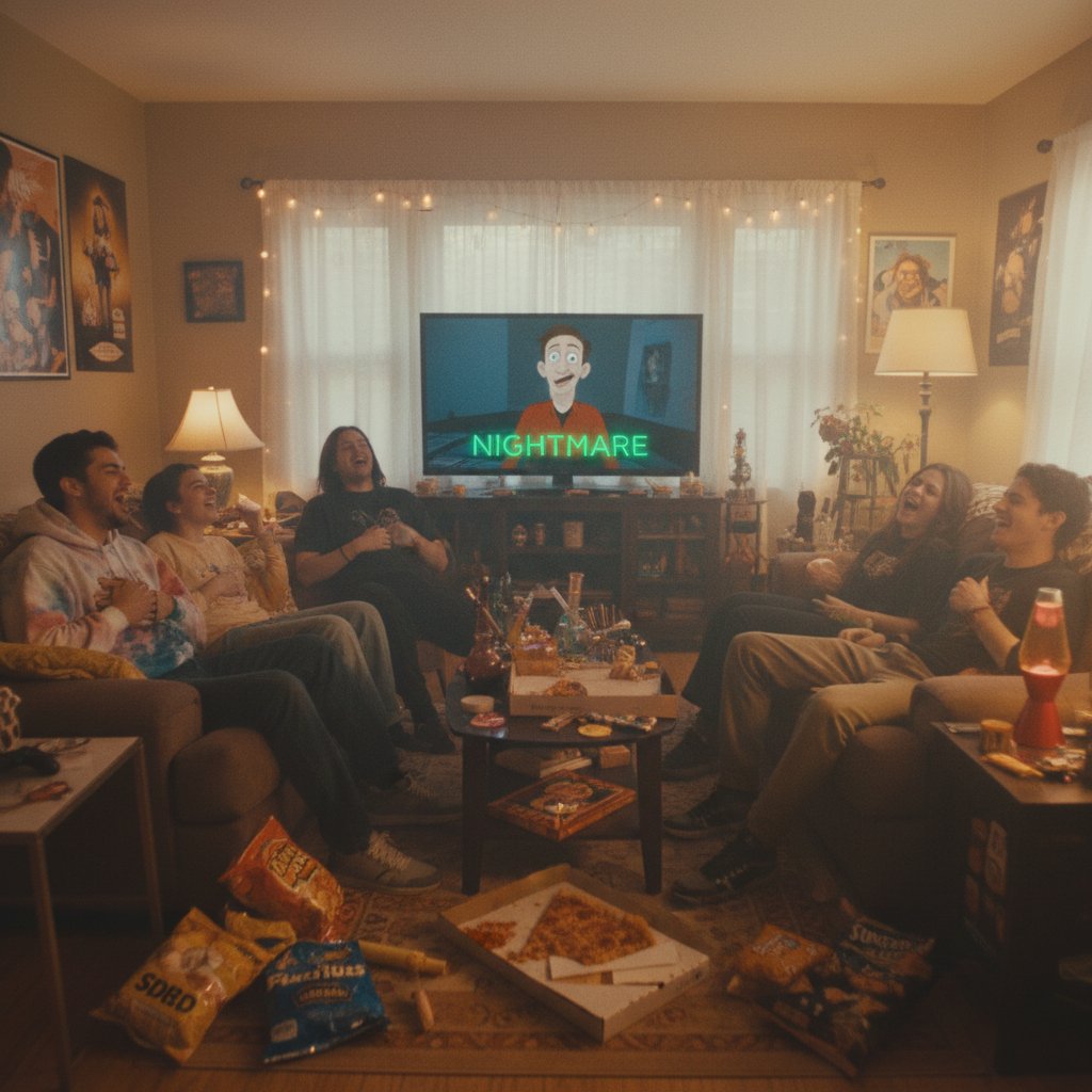 Group laughing in a hazy living room, iconic stoner comedy vibe