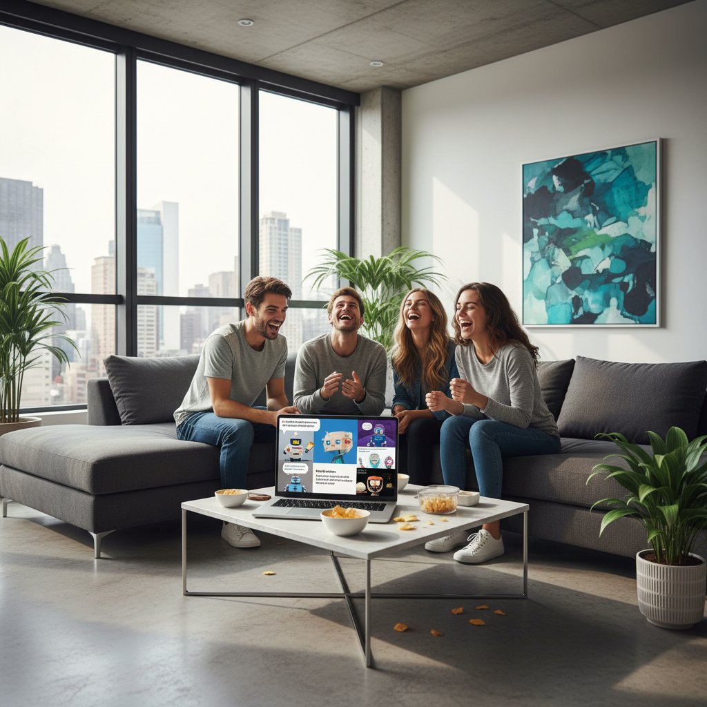 Grupa młodych osób przy laptopie śmieje się z memów i rozmowy z AI, designerskie wnętrze, wieczór