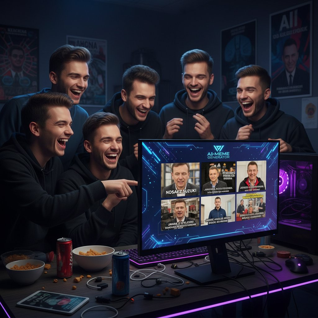Grupa młodych ludzi śmiejących się z polskich memów na ekranie komputera, AI obok nich