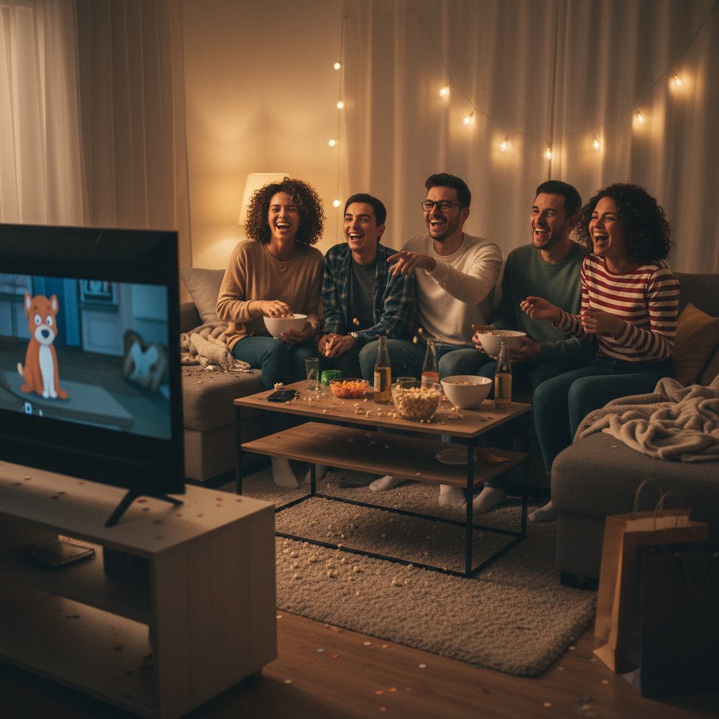 Friends reacting with laughter and surprise to a movie scene at a lively party, popcorn mid-air
