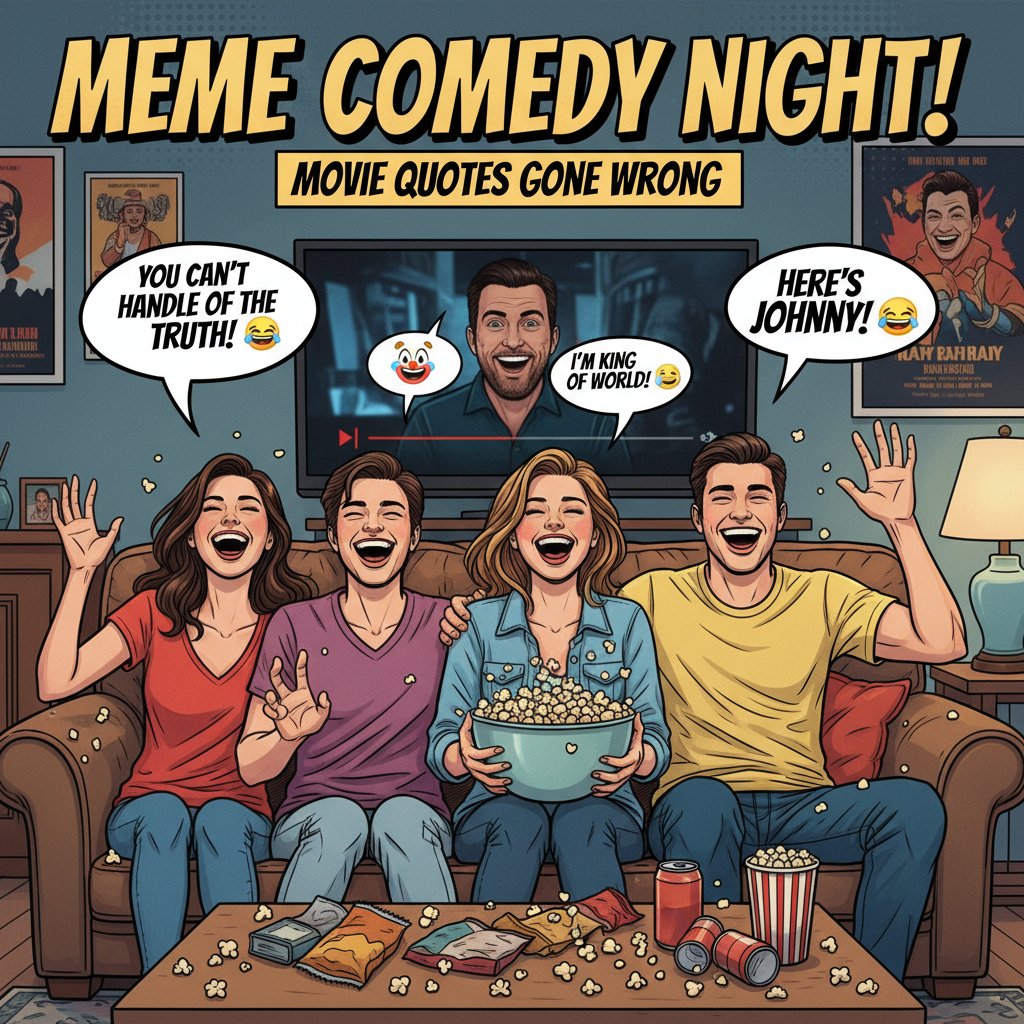 Friends laughing on a couch at a TV displaying a meme-heavy comedy, popcorn flying, movie dialogue visible as captions