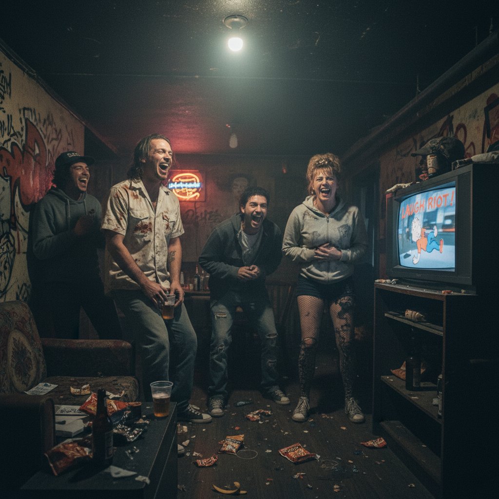 Candid group laughing in gritty cinema at movie lowbrow comedy