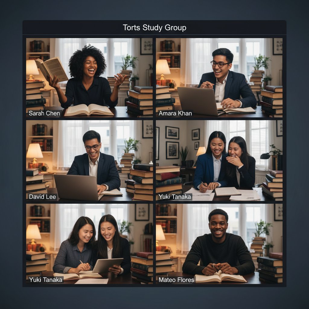 Grupa studentów prawa współpracujących podczas korepetycji online, uśmiechnięci, dzielący się notatkami