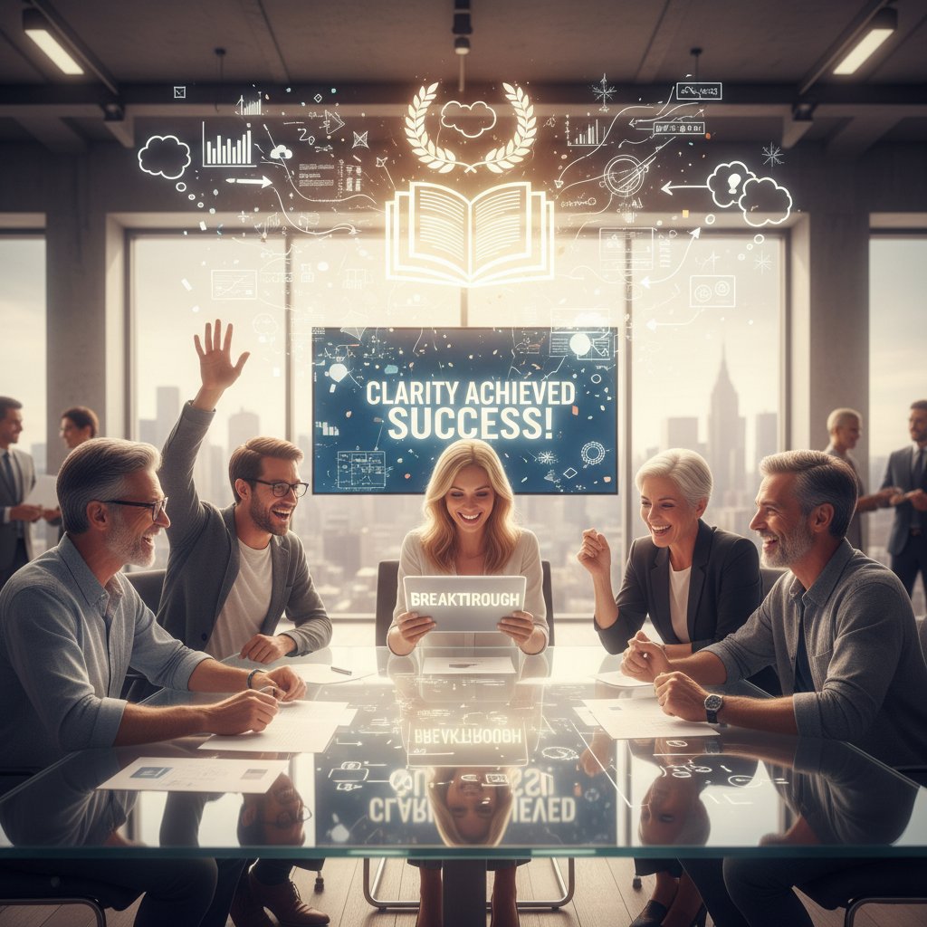 Gruppe von Lernenden, die gemeinsam einen Durchbruch feiern – Klarheit und Erfolg sind greifbar