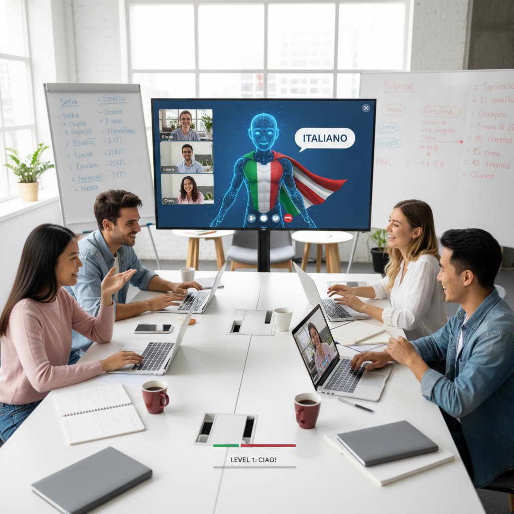 Grupa osób uczestniczy w lekcji włoskiego online przez wideokonferencję, na ekranie widać nauczyciela AI