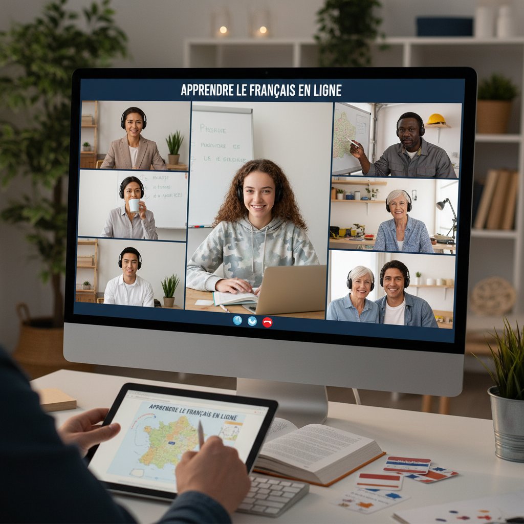 Grupa osób uczących się francuskiego online: młody maturzysta, student, dorosły pracownik
