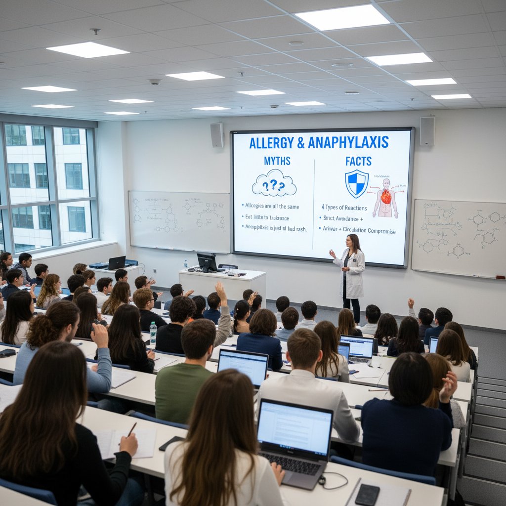 Grupa ludzi słuchających wykładu o mitach dotyczących alergii i anafilaksji, na tablicy napisy „mity”, „fakty”