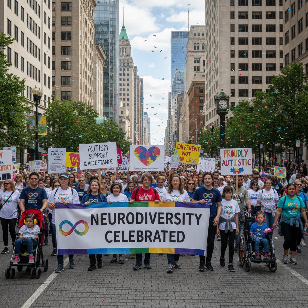 Grupa młodych osób maszerujących z transparentami promującymi akceptację neuroatypowości