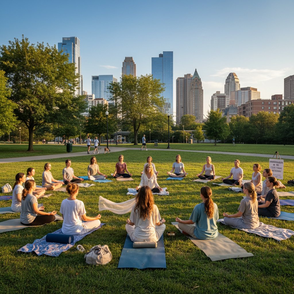Grupa osób medytujących w parku, symbolizująca ćwiczenia mindfulness na poszerzenie perspektywy